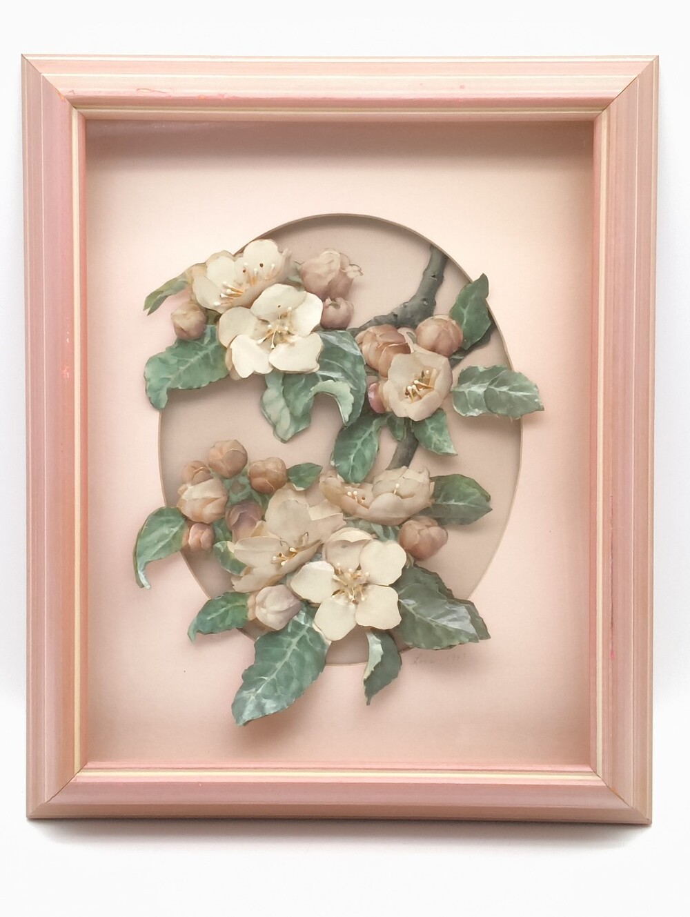 1993 Signed 3D Paper Tole Pink Floral Shadow Box Framed Wall Art